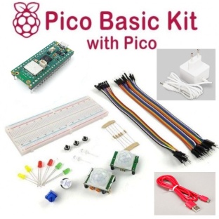 Raspberry Pi Pico Basic Kit - with Presoldered header Pico W, power supply and micro USB cable