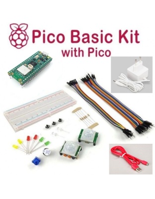 Raspberry Pi Pico Basic Kit - with Presoldered header Pico W, power supply and micro USB cable